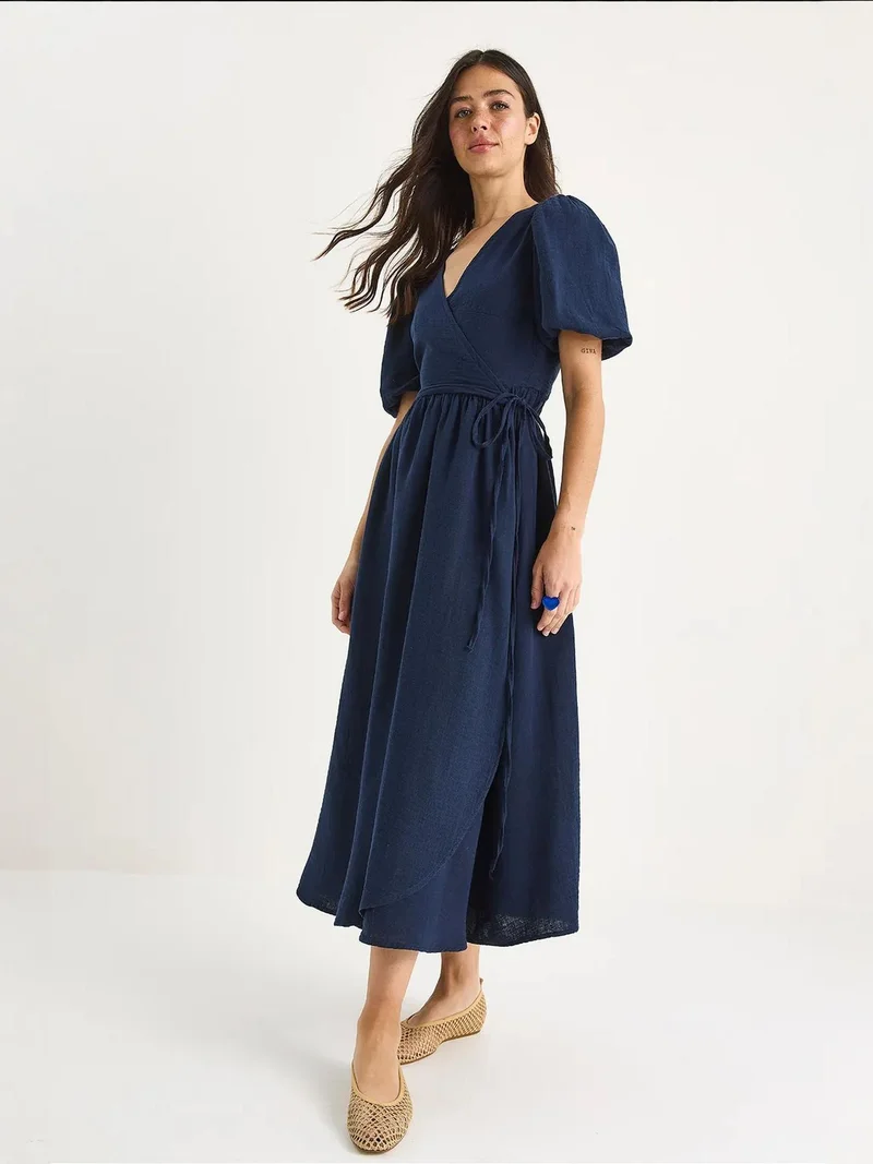 Bianco Lucci LUCCI Textured V-neck Midi Dress with Wrap Closure