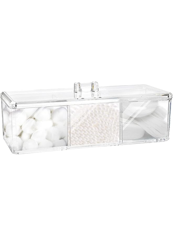 Raxoom Qtip Holder Dispenser, 3 Compartments Cotton Ball Holder, Bathroom Canisters for Swab, Ball, Pad Organizer, Clear Acrylic Containers with Lid Vanity Countertop Rectangle and Swab Organizer - Image 1