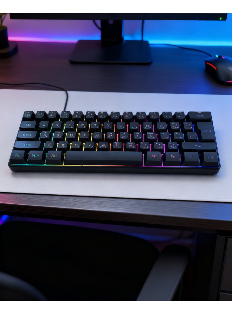 BS Gaming Membrane Keyboard | Arabic layout | 60% Wired RGB Backlit Compact Mini 61-Key Keyboard | For PC | Laptops - Black - Image 4