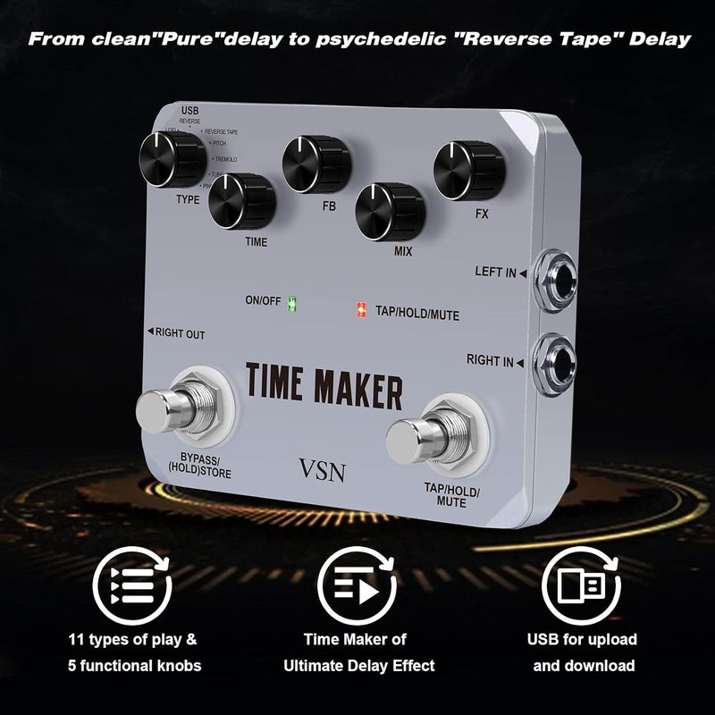 VSN Guitar Delay Pedal Time Maker 11 Types of Ultimate Delay Pedals Bass Guitar Effect Pedal with Tap Tempo True Bypass - Image 2
