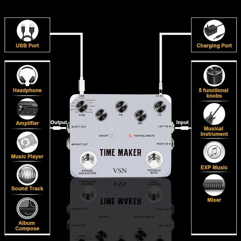 VSN Guitar Delay Pedal Time Maker 11 Types of Ultimate Delay Pedals Bass Guitar Effect Pedal with Tap Tempo True Bypass - Image 3