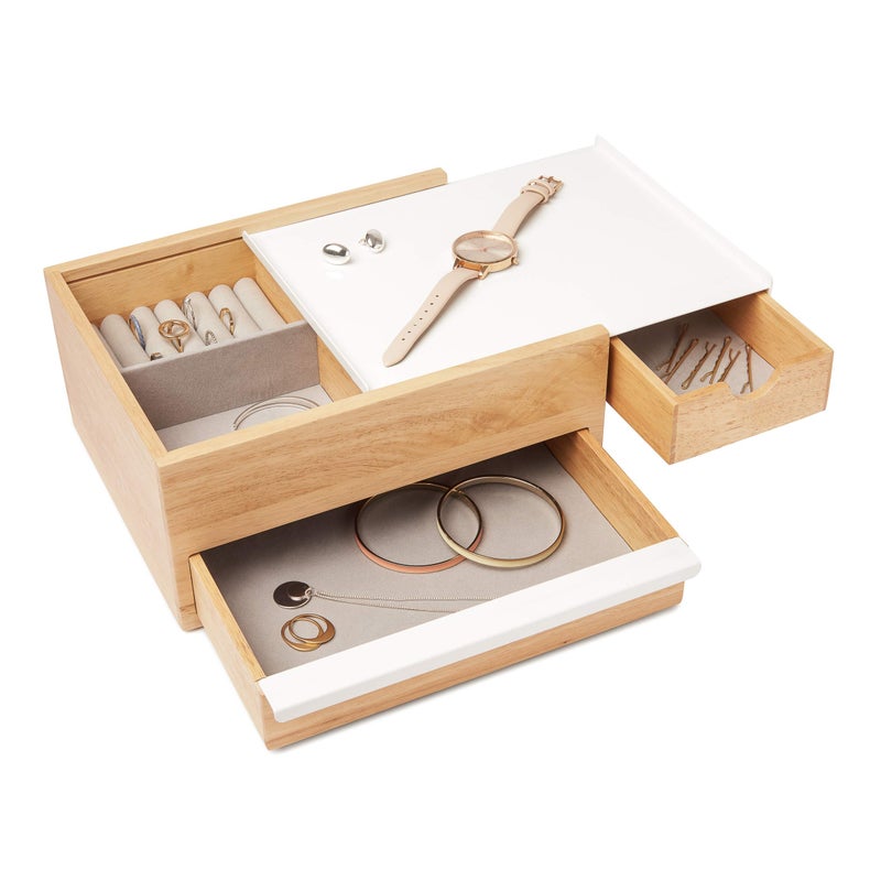Umbra Stowit Jewelry Box - Modern Keepsake Storage Organizer with Hidden Compartment Drawers for Ring, Bracelet, Watch, Necklace, Earrings, and Accessories, White/Natural - Image 1