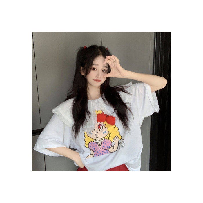 T-Shirt Summer Korean Style Sweet Design Bow Cartoon Print Loose Short Sleeve Top - Image 1