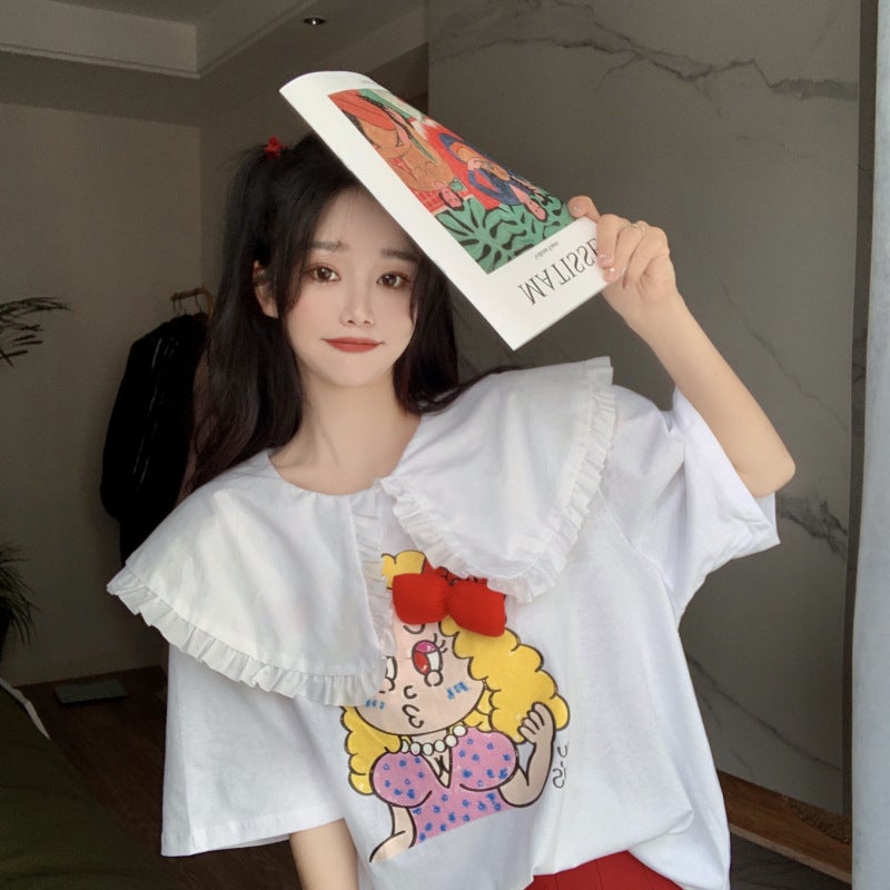 T-Shirt Summer Korean Style Sweet Design Bow Cartoon Print Loose Short Sleeve Top - Image 2