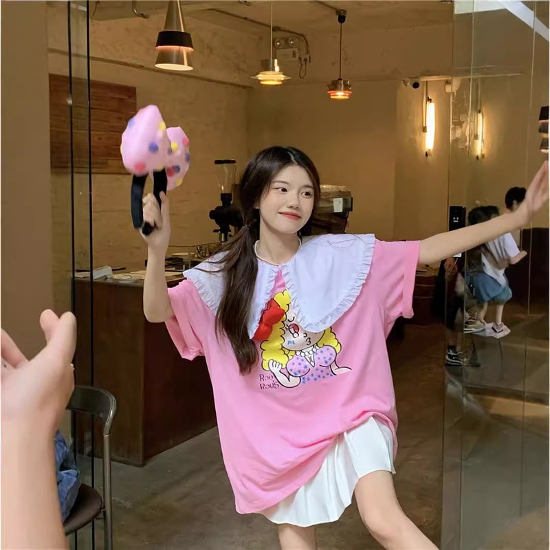 T-Shirt Summer Korean Style Sweet Design Bow Cartoon Print Loose Short Sleeve Top - Image 3