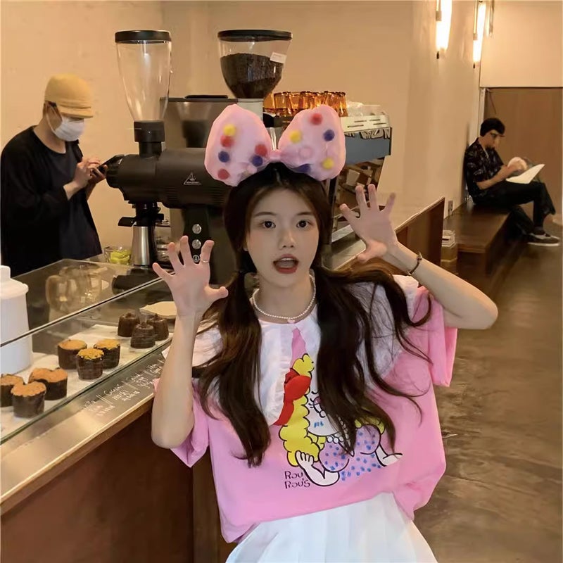 T-Shirt Summer Korean Style Sweet Design Bow Cartoon Print Loose Short Sleeve Top - Image 4