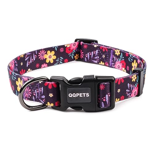 QQPETS Adjustable Soft Dog Collar: Print Flower Pink Multicolor Cute Patterns for XS Small Medium Large Pet Girl Boy Puppy Walking Running Training (L, Elegant Purple) - Image 1