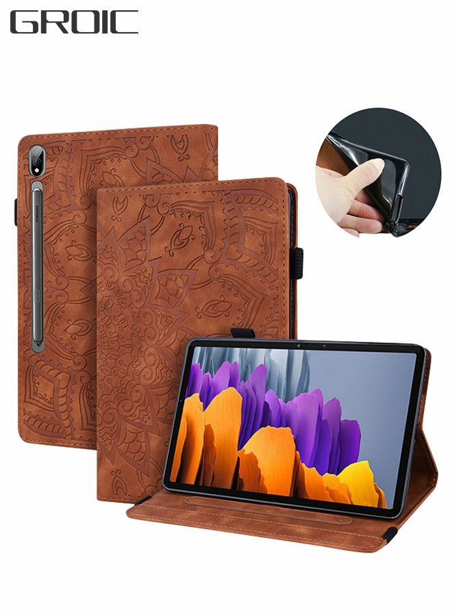 NIBEMINENT Folio Cover for 12.4" Samsung Galaxy Tab S8+/Galaxy S8+, Anti-Slip Stand Embossed Leather Soft Silicone Back with Elastic Strap, Card Slot + Pen Holder, S8 plus Flat Case  - Image 1