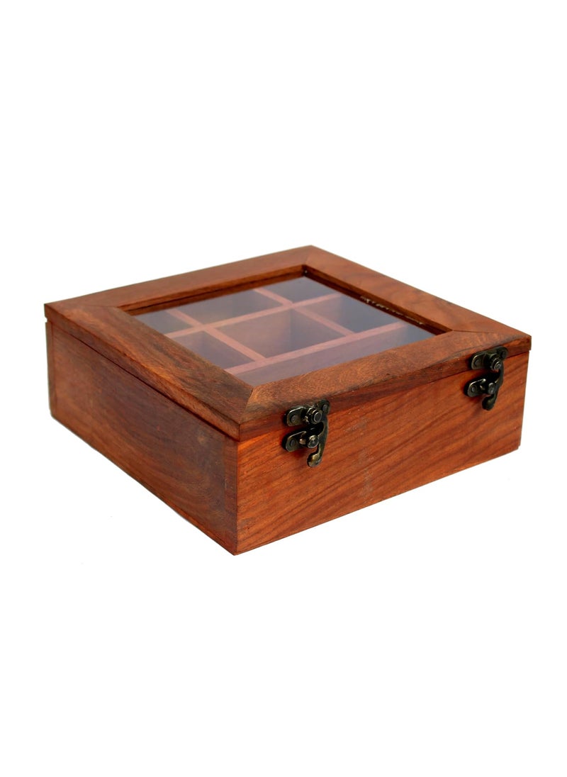 ESPLANADE ESPLANADE Wooden Masala Daani Spice Box with Transparent Top | Kitchen Spice Box Set with Wooden Spoon - 8" x 8" x 3" Inches – Brown | Wooden Decorative Box | Spice Organizer  - Image 2