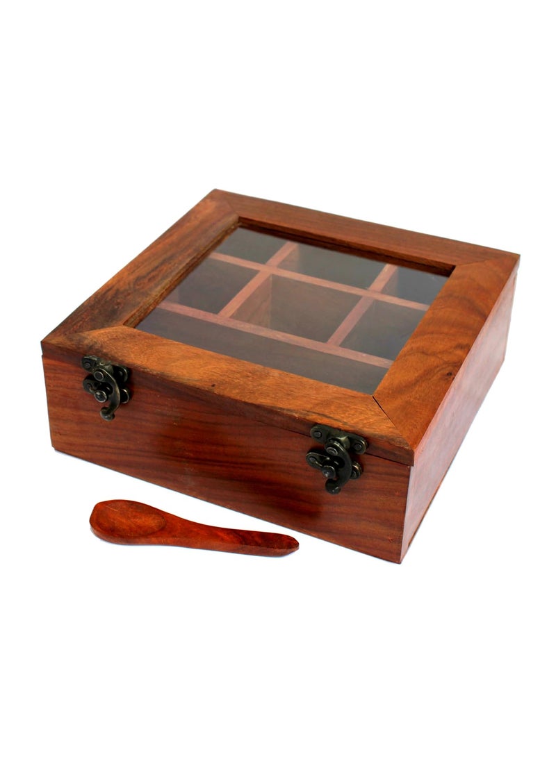 ESPLANADE ESPLANADE Wooden Masala Daani Spice Box with Transparent Top | Kitchen Spice Box Set with Wooden Spoon - 8" x 8" x 3" Inches – Brown | Wooden Decorative Box | Spice Organizer  - Image 1