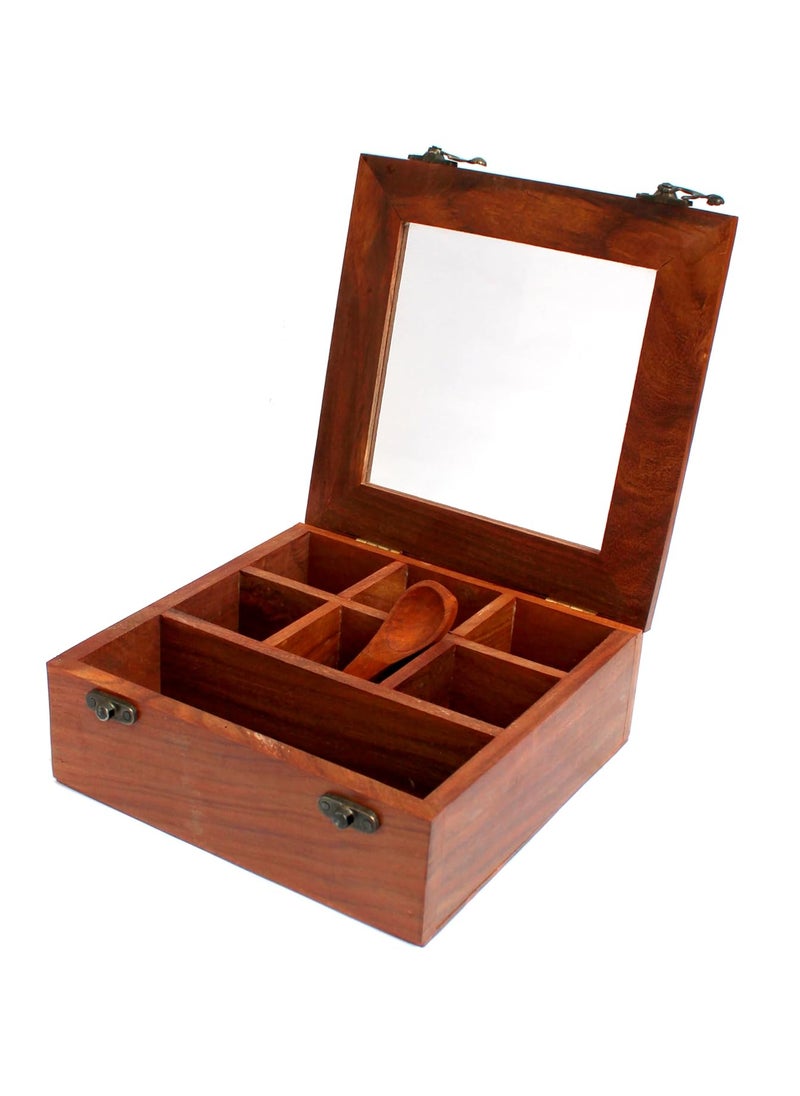 ESPLANADE ESPLANADE Wooden Masala Daani Spice Box with Transparent Top | Kitchen Spice Box Set with Wooden Spoon - 8" x 8" x 3" Inches – Brown | Wooden Decorative Box | Spice Organizer  - Image 3