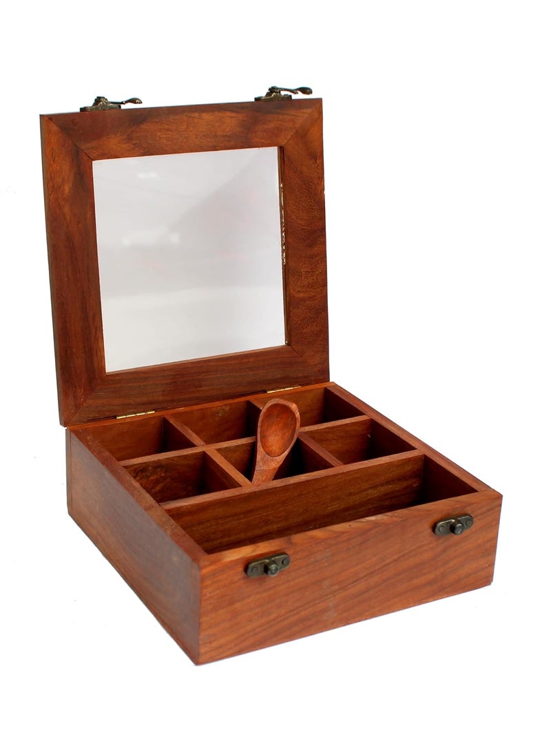 ESPLANADE ESPLANADE Wooden Masala Daani Spice Box with Transparent Top | Kitchen Spice Box Set with Wooden Spoon - 8" x 8" x 3" Inches – Brown | Wooden Decorative Box | Spice Organizer  - Image 4
