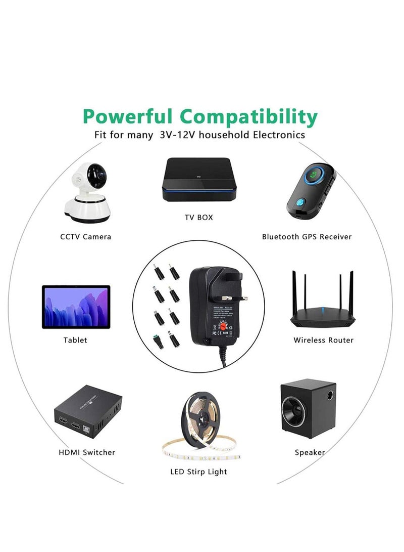 أم جي زي محول طاقة عالمي 30 وات، شاحن مزود طاقة تبديل تيار متردد/مستمر 3 فولت، 4.5 فولت، 5 فولت، 6 فولت، 7.5 فولت، 9 فولت، 12 فولت، 2 أمبير، مزود بـ 8 مقابس محولة لأجهزة إلكترونية منزلية 3 فولت، 4.5 فولت، 5 فولت، 6 فولت، 7.5 فولت، 9 فولت، 12 فولت، وشرائط إضاءة LED، ومكبرات الصوت، وصناديق التلفزيون، والمزيد من الأجهزة - Image 3