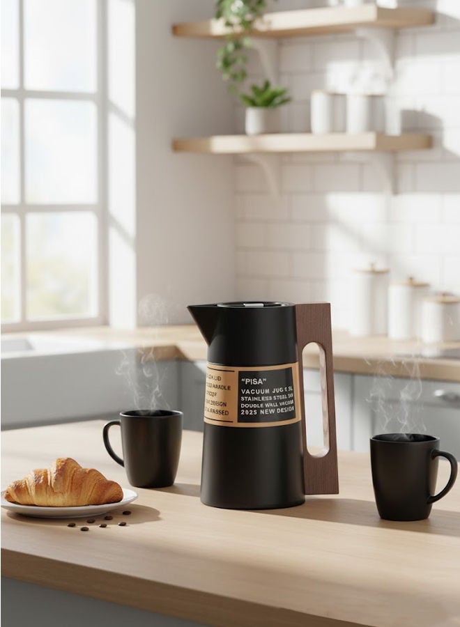 GAZELLA Stainless Steel Tea/Coffee Flask 1.5 Liter Black/Brown, Wooden Handle, 304 Stainless Steel Inside, Double Wall Vacuum - Image 2