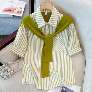 Summer New plus size Womens Chubby Striped Shirt Loose Slim Fake Two-piece Short-sleeved Cardigan Top Trendy Green stripes - pzsku/Z2AFA358B75F02638475EZ/45/1746229906/382c2053-43e8-4707-9cfb-40572f342f94