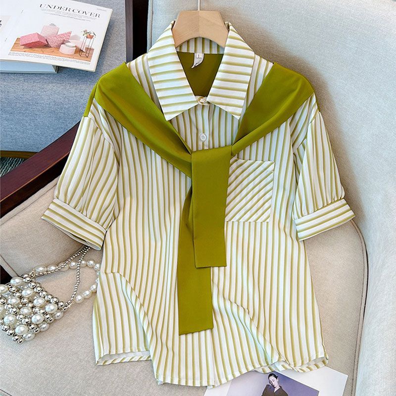 Summer New plus size Womens Chubby Striped Shirt Loose Slim Fake Two-piece Short-sleeved Cardigan Top Trendy Green stripes