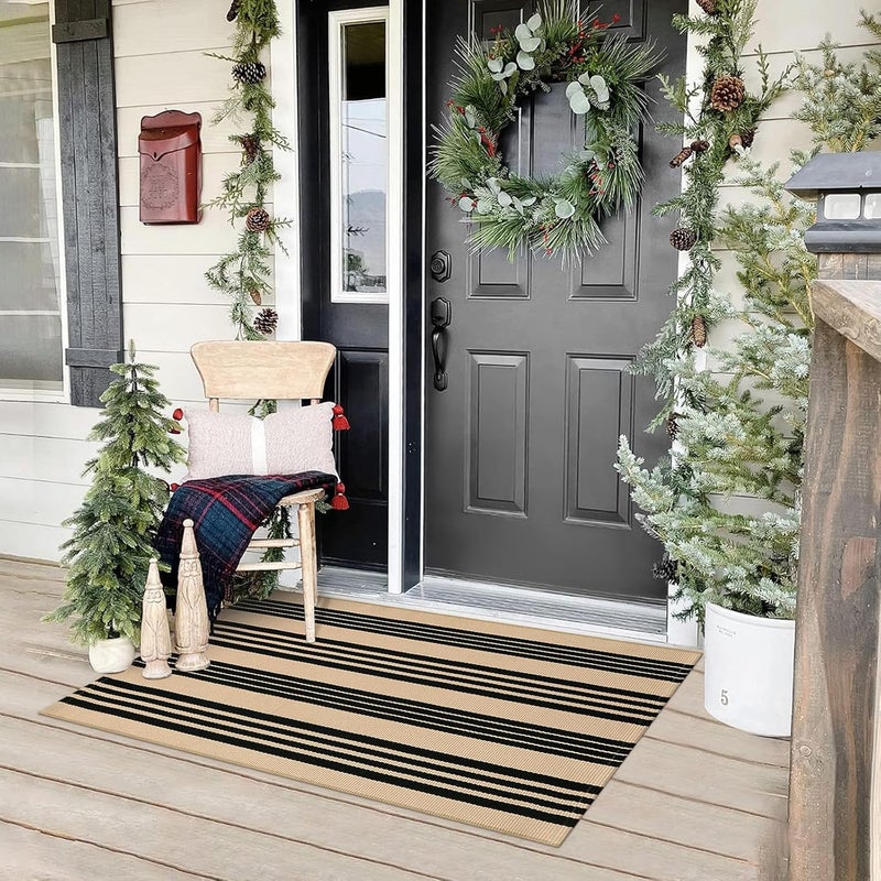 Sungea Black and Khaki Striped Rugs 2.3'x3.6', Washable Hand Woven Front Door Rug, Reversible Outdoor Welcome Mat Foldable Layered Door Mats for Entryway Porch Decor Home Entrance - Image 1