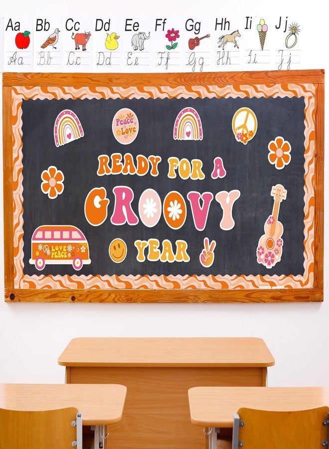 Whaline 60Pcs Groovy Back to School Bulletin Board Kit Pink Orange Retro Boho Bulletin Board Set Rainbow Flower School Bus Guitar Decoration Borders Cutouts with Glue Points for Classroom Office Decor - Image 3
