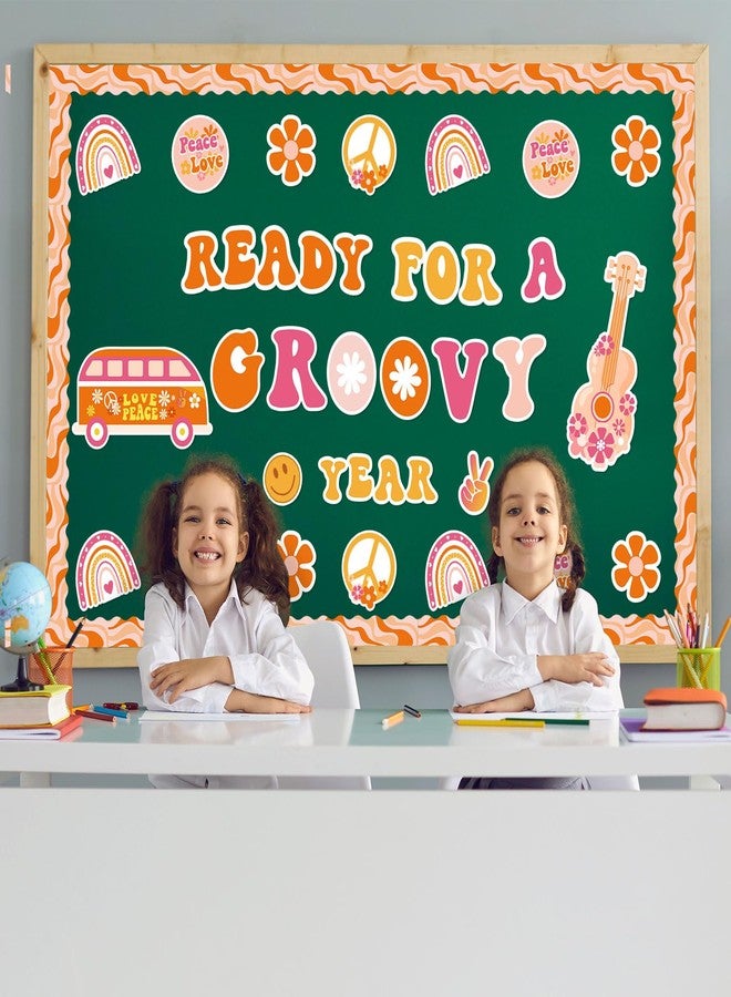 Whaline 60Pcs Groovy Back to School Bulletin Board Kit Pink Orange Retro Boho Bulletin Board Set Rainbow Flower School Bus Guitar Decoration Borders Cutouts with Glue Points for Classroom Office Decor - Image 5