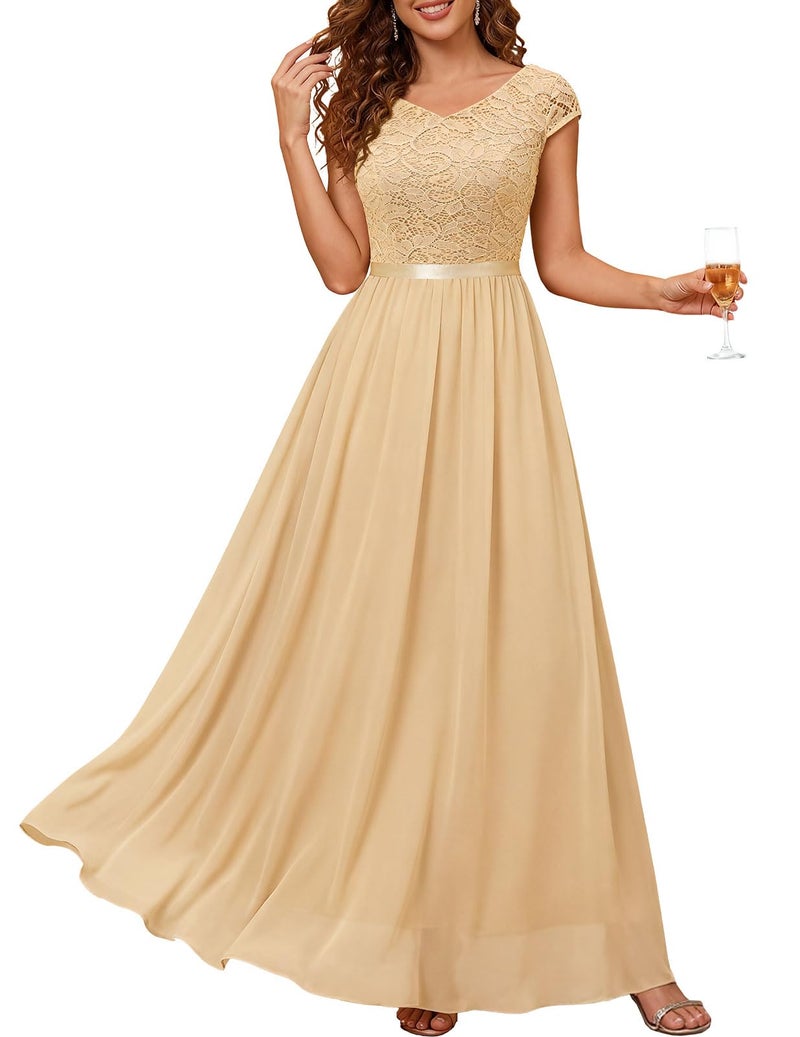DRESSTELLS DTESSTELLS Women's Formal Party Dress, Cocktail Mother of Bridesmaid Wedding Guest Long Lace Vintage Fit and Flare Evening Prom Gown for Spring Valentine Champagne S - Image 1