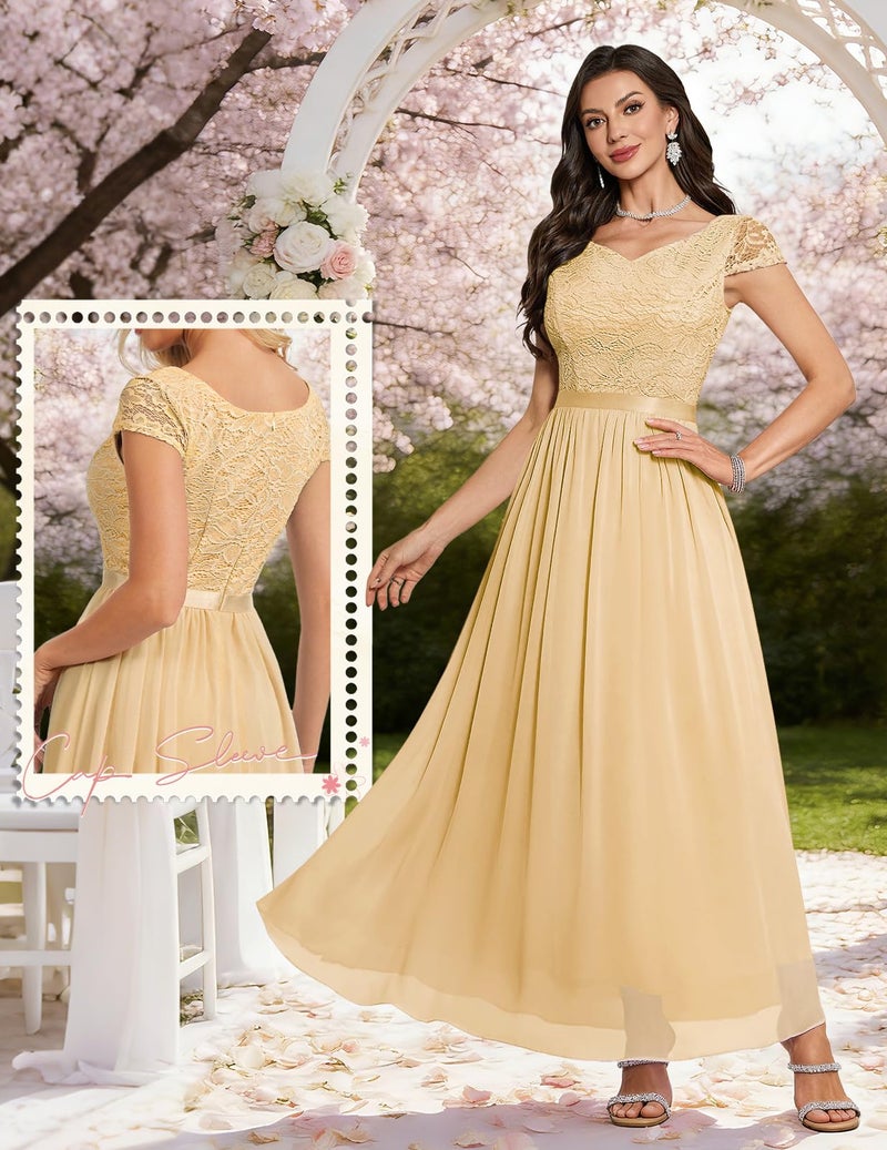 DRESSTELLS DTESSTELLS Women's Formal Party Dress, Cocktail Mother of Bridesmaid Wedding Guest Long Lace Vintage Fit and Flare Evening Prom Gown for Spring Valentine Champagne S - Image 2