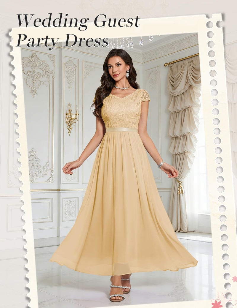 DRESSTELLS DTESSTELLS Women's Formal Party Dress, Cocktail Mother of Bridesmaid Wedding Guest Long Lace Vintage Fit and Flare Evening Prom Gown for Spring Valentine Champagne S - Image 4