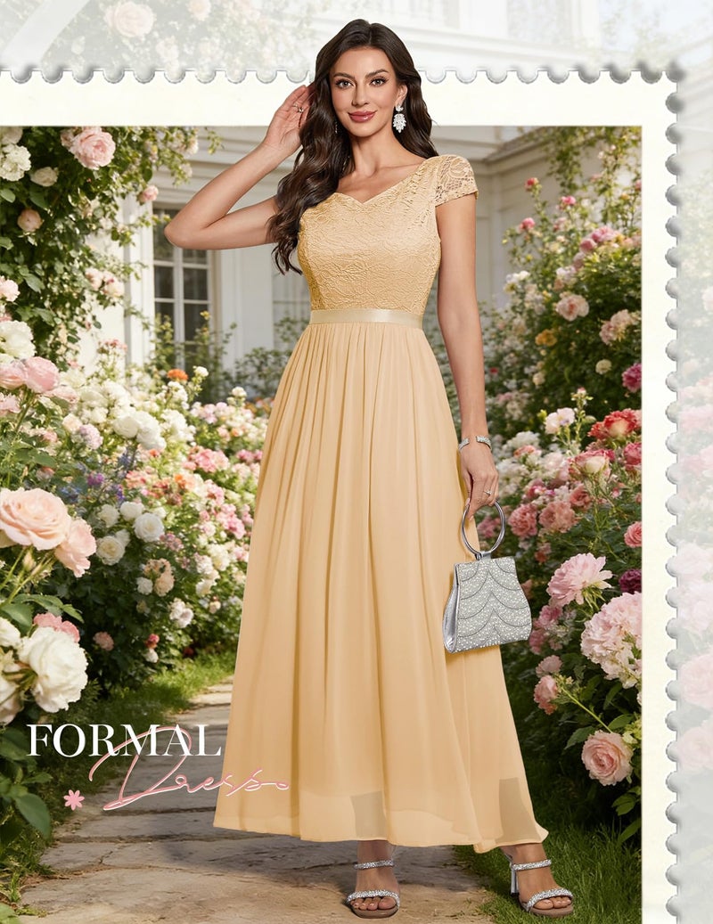 DRESSTELLS DTESSTELLS Women's Formal Party Dress, Cocktail Mother of Bridesmaid Wedding Guest Long Lace Vintage Fit and Flare Evening Prom Gown for Spring Valentine Champagne S - Image 5