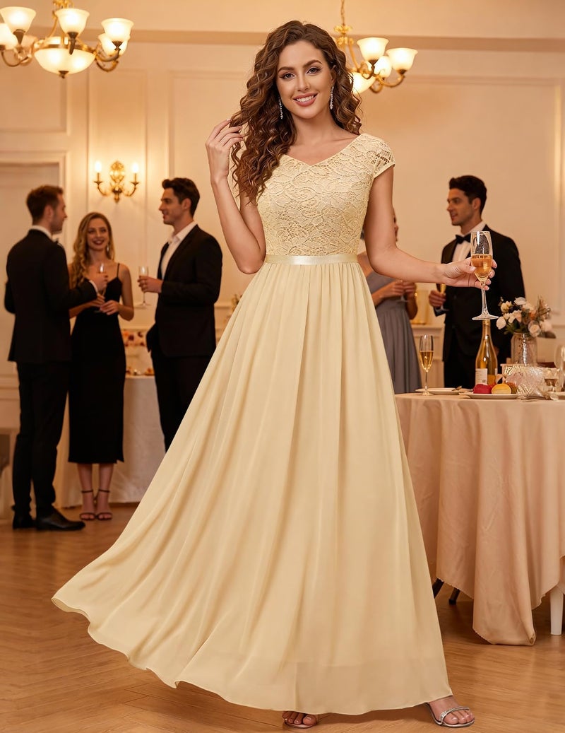 DRESSTELLS DTESSTELLS Women's Formal Party Dress, Cocktail Mother of Bridesmaid Wedding Guest Long Lace Vintage Fit and Flare Evening Prom Gown for Spring Valentine Champagne S - Image 3