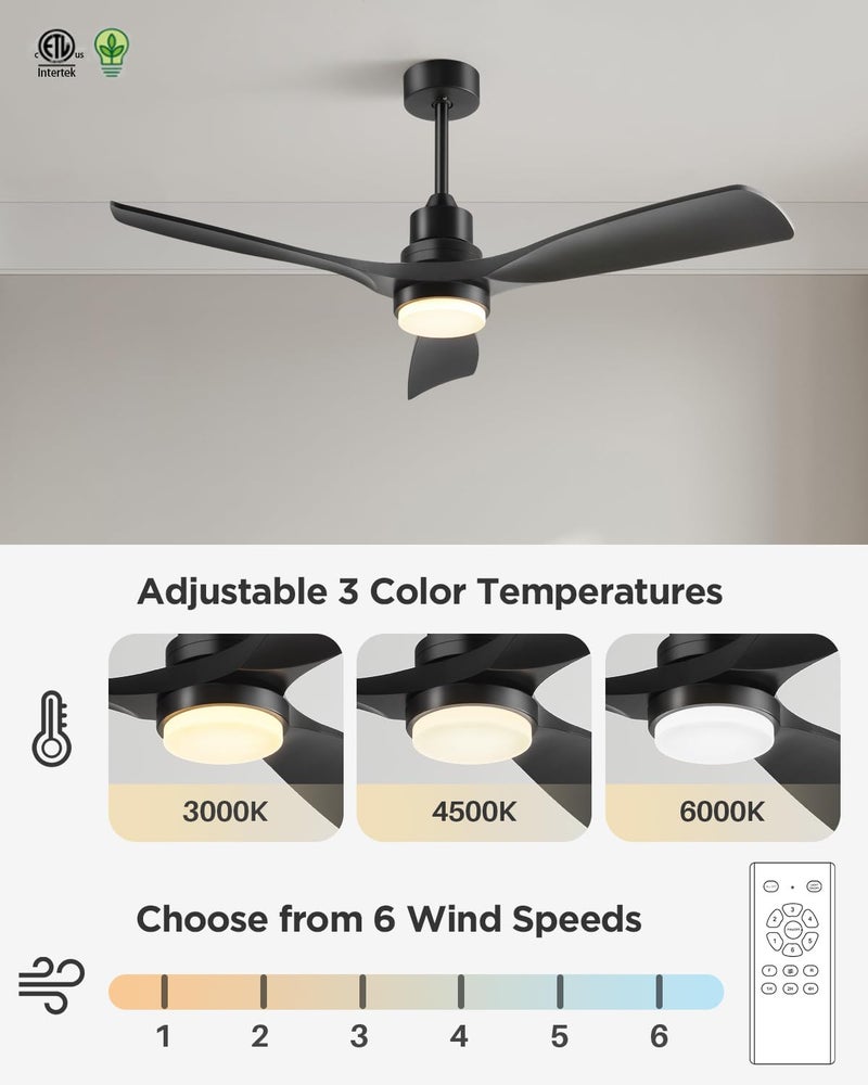 Forrovenco Ceiling Fan with Lights Remote Control, 52 Inch Black Ceiling Fans with 3 Downrods, 3 Blades, Timer, 6 Speed Modern Fan Quiet Reversible DC Motor for Patio Bedroom Outdoor/Indoor,52in,Black - Image 3