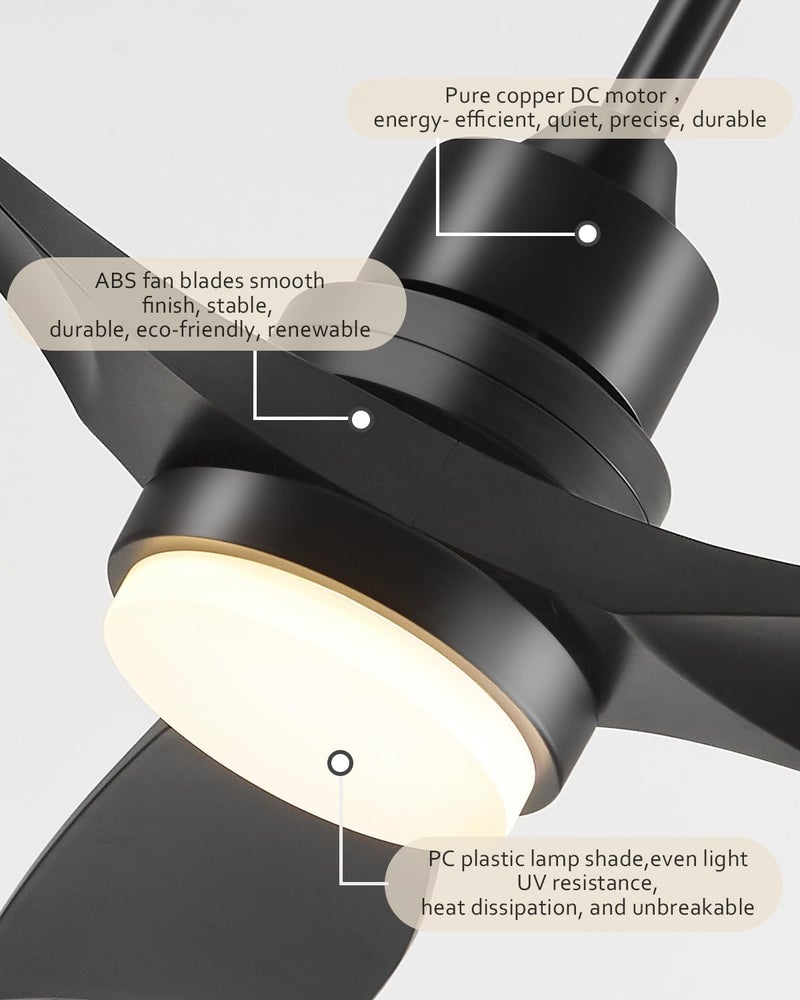 Forrovenco Ceiling Fan with Lights Remote Control, 52 Inch Black Ceiling Fans with 3 Downrods, 3 Blades, Timer, 6 Speed Modern Fan Quiet Reversible DC Motor for Patio Bedroom Outdoor/Indoor,52in,Black - Image 4