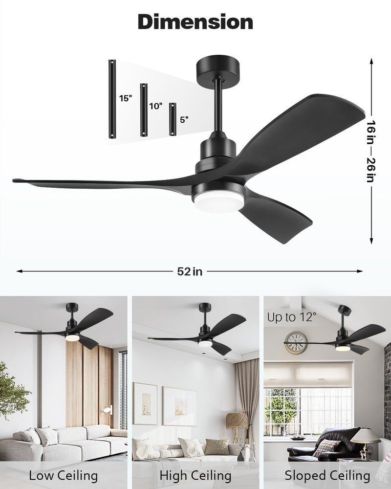 Forrovenco Ceiling Fan with Lights Remote Control, 52 Inch Black Ceiling Fans with 3 Downrods, 3 Blades, Timer, 6 Speed Modern Fan Quiet Reversible DC Motor for Patio Bedroom Outdoor/Indoor,52in,Black - Image 2