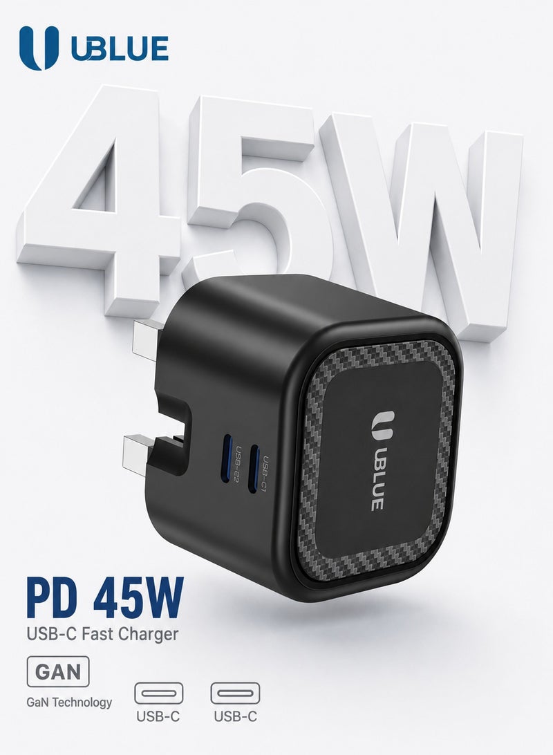 UBLUE شاحن حائط غان 45 واط أزرق، شاحن مزدوج USB-C، 2 منفذ، قابس المملكة المتحدة، تيار متردد 100–240 فولت، أسود، شحن سريع - Image 1