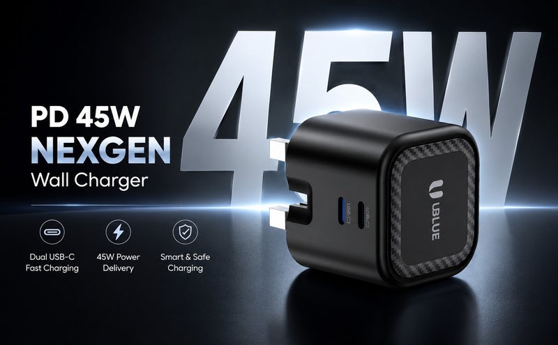 UBLUE شاحن حائط غان 45 واط أزرق، شاحن مزدوج USB-C، 2 منفذ، قابس المملكة المتحدة، تيار متردد 100–240 فولت، أسود، شحن سريع - Image 2
