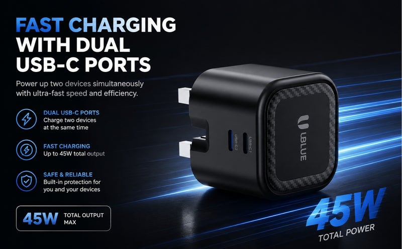UBLUE شاحن حائط غان 45 واط أزرق، شاحن مزدوج USB-C، 2 منفذ، قابس المملكة المتحدة، تيار متردد 100–240 فولت، أسود، شحن سريع - Image 3