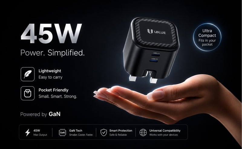 UBLUE شاحن حائط غان 45 واط أزرق، شاحن مزدوج USB-C، 2 منفذ، قابس المملكة المتحدة، تيار متردد 100–240 فولت، أسود، شحن سريع - Image 4