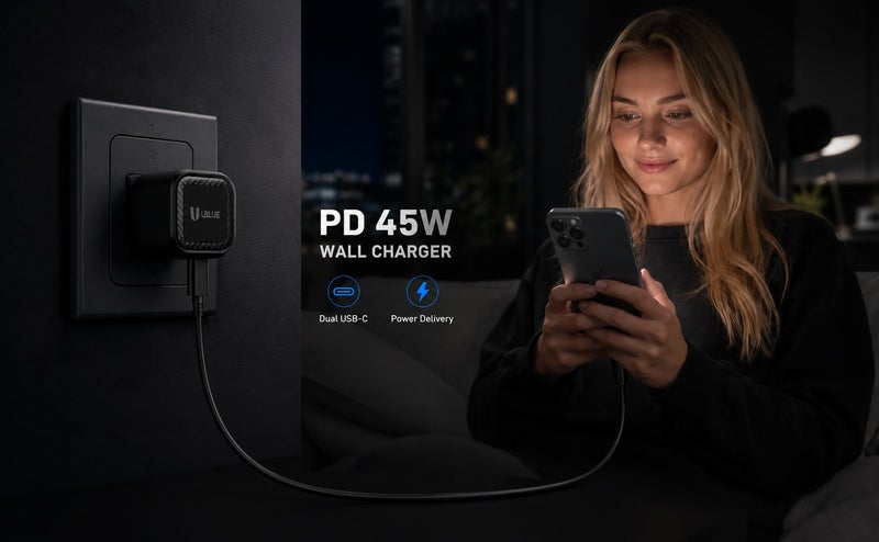 UBLUE شاحن حائط غان 45 واط أزرق، شاحن مزدوج USB-C، 2 منفذ، قابس المملكة المتحدة، تيار متردد 100–240 فولت، أسود، شحن سريع - Image 5