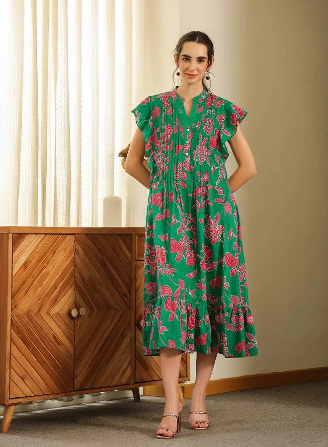 sanskrutihomes Green Floral Midi Dress with Frill Sleeves