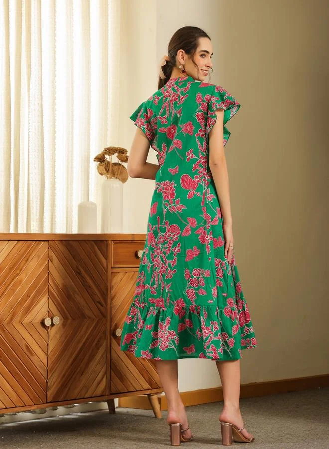 sanskrutihomes Green Floral Midi Dress with Frill Sleeves