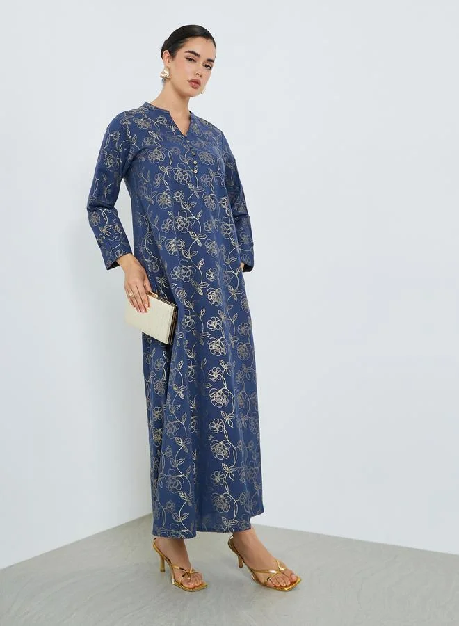 Amirah Women Navy Blue Floral Print A-Line Jalabiya