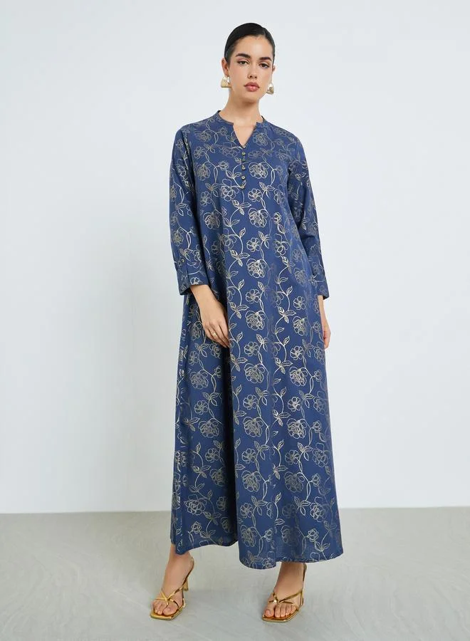 Amirah Women Navy Blue Floral Print A-Line Jalabiya