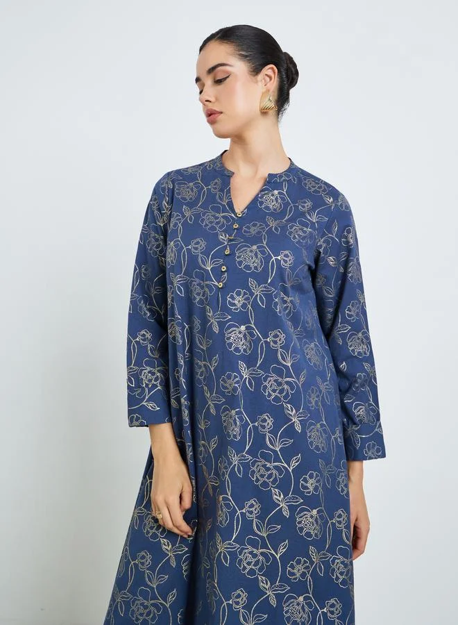 Amirah Women Navy Blue Floral Print A-Line Jalabiya