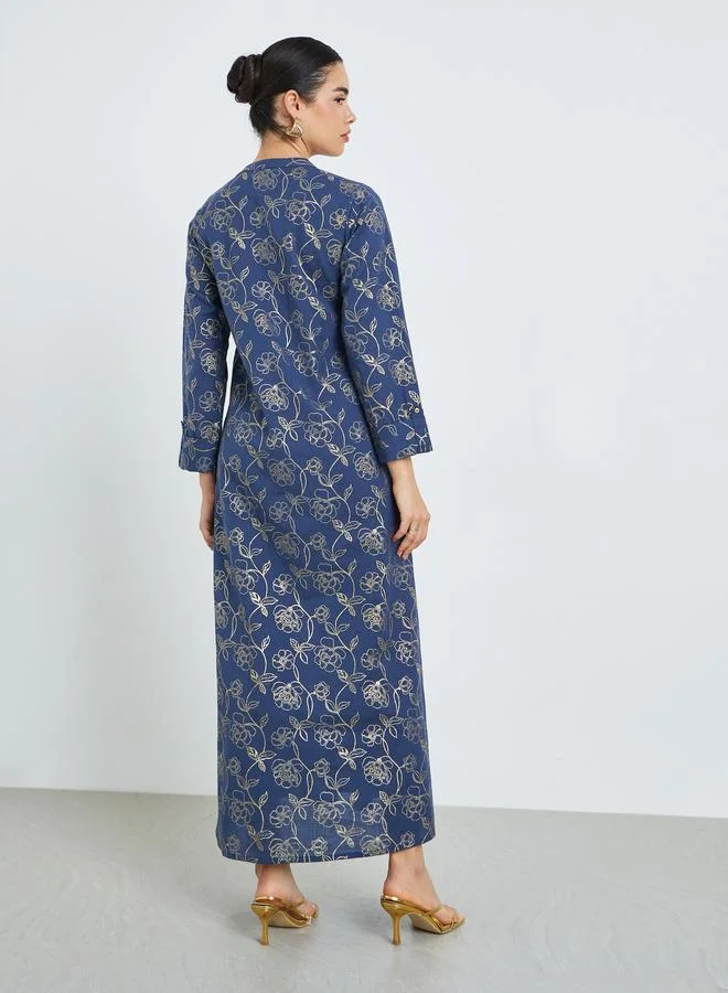 Amirah Women Navy Blue Floral Print A-Line Jalabiya