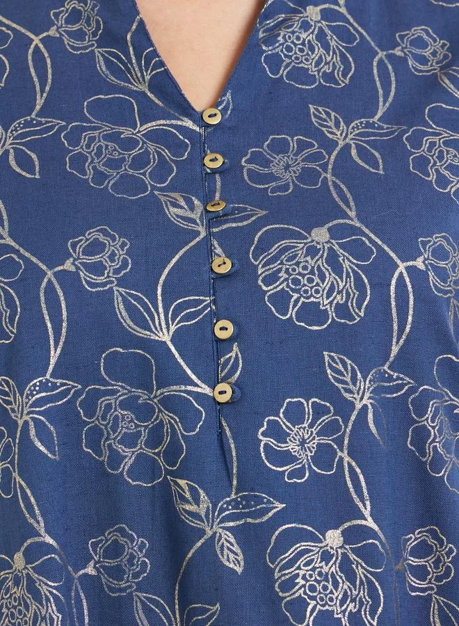 Amirah Women Navy Blue Floral Print A-Line Jalabiya