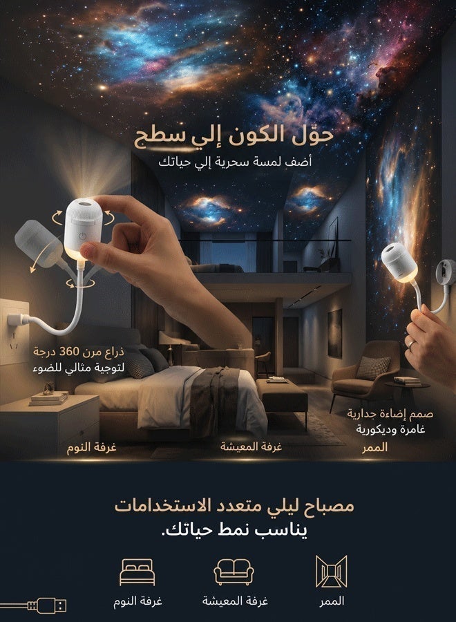 جهاز عرض ليلي للمجرة 2 في 1، جهاز عرض ليلي محمول يعمل بمنفذ USB، إضاءة ليلية بنجوم، تصميم قابل للتعديل بزاوية 360 درجة، مصباح جداري صغير بتقنية LED للبالغين والأطفال - Image 4