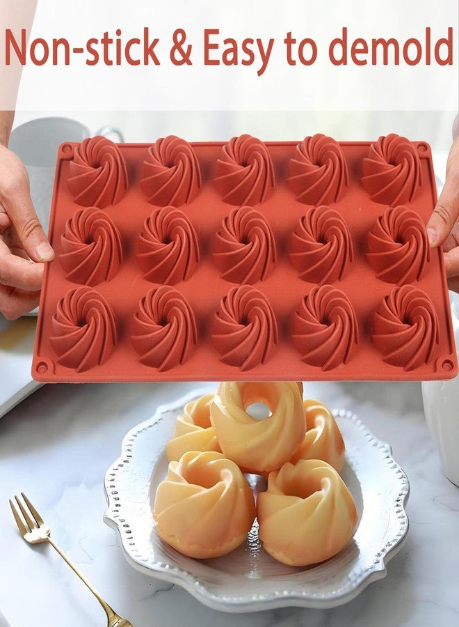 Fchil Silicone Swirl Donut Mold, 15-Cavity Mini Spiral Cake Pan, 11.5 x 6.6 inches, 2-Pack, Terra Cotta - Image 3