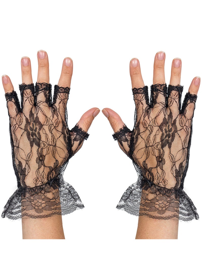 Elegant Black Fingerless Lace Gloves for Women and Girls, Short Ruffled Floral Lace Wrist Gloves, Perfect for Bridal, Tea Parties, and Special Occasions. - Image 2