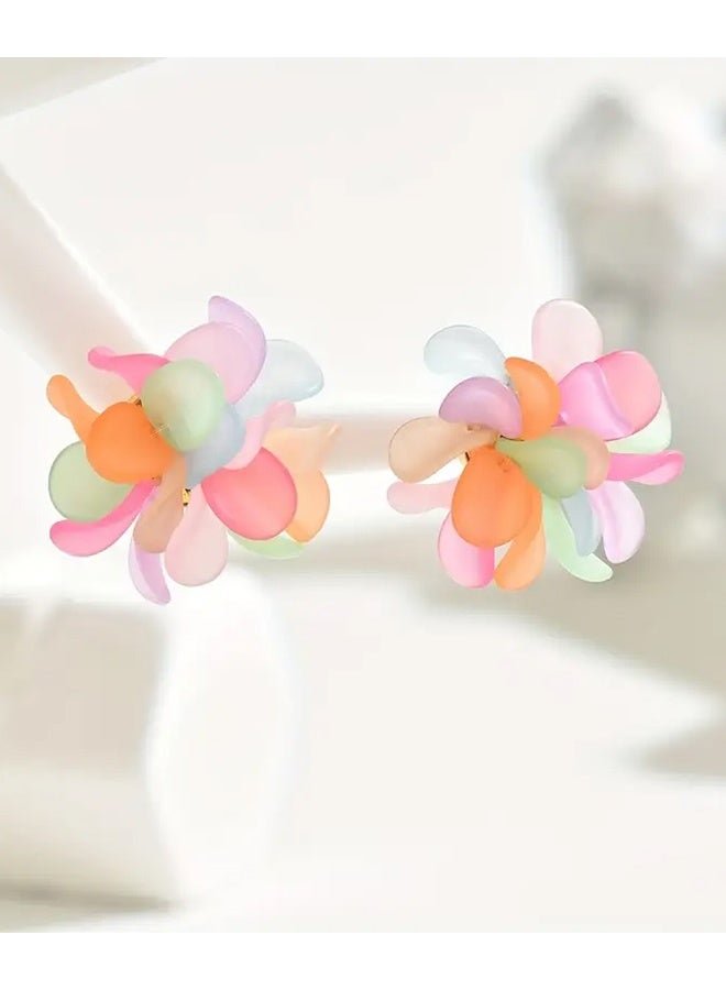 Ready For Chai Bohemian style summer floral heart-shaped pendant earrings - colorful acrylic petals, randomly mixed colors, Stainless Steel earrings, suitable for casual dresses, daily matching - Image 3