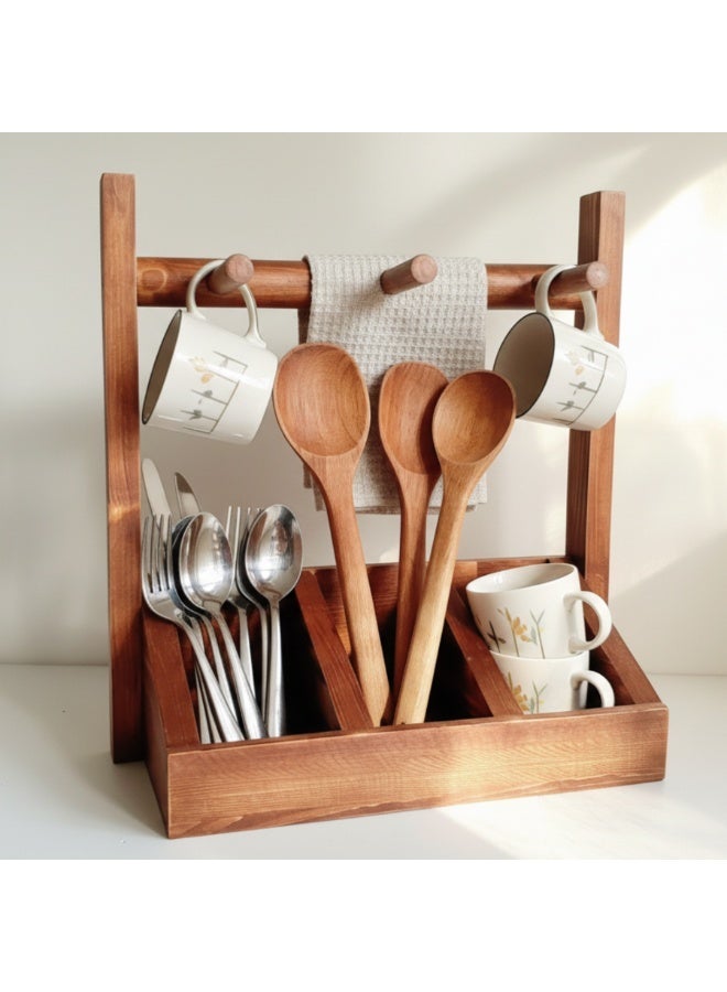 اتش إس هوم صندوق تنظيم مطبخ خشبي بمقبض – تخزين متعدد الاستخدامات لأدوات المائدة | حامل أدوات المطبخ | تنظيم المجات والأكواب - Image 1