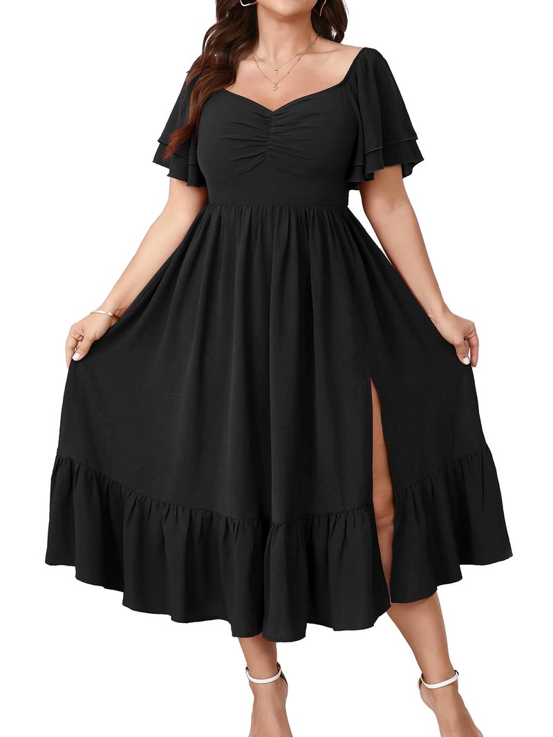 SCOMCHIC Womens Plus Size Wedding Guest Cocktail Dresses Sweetheart Neckline Short Sleeve Smocked Ruffle Slit Maxi Dress Black - Image 1
