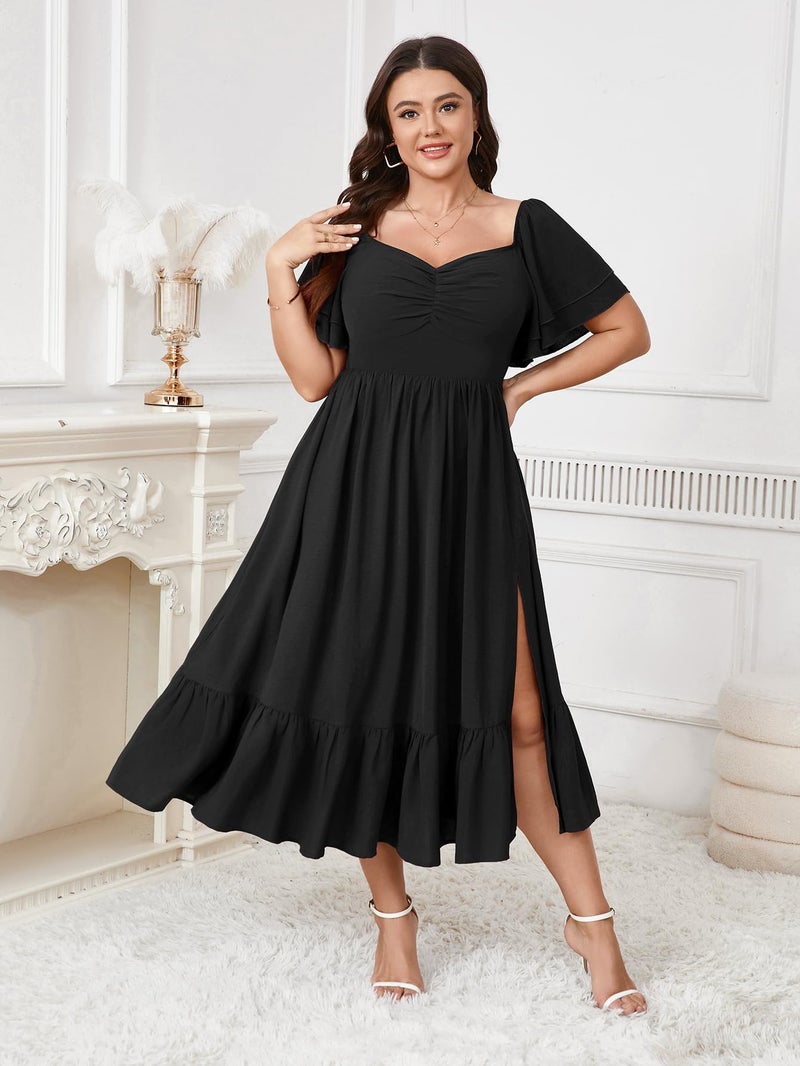 SCOMCHIC Womens Plus Size Wedding Guest Cocktail Dresses Sweetheart Neckline Short Sleeve Smocked Ruffle Slit Maxi Dress Black - Image 2